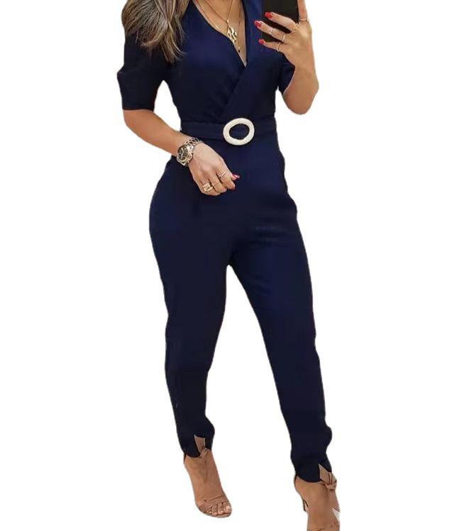 Solid Color Puff Sleeve Jumpsuit with Long Pants
