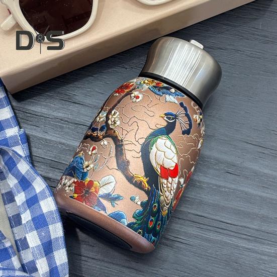 Vakuová termoska s motivem páva, nerezová, vintage květinová, 300 ml, dvoustěnná izolace, skleněná čajová konvice s víčkem proti úniku