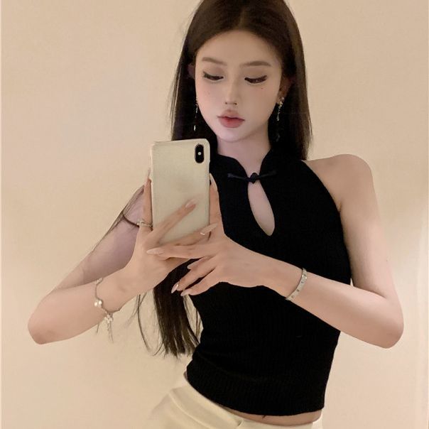 Buttoned Hollow-out Halter Sleeveless Knitted Vest Women's Summer Hot Girl Slim Fit Inner Wear Chinese Style Top Outerwear