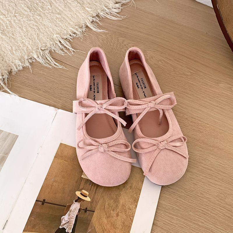 

French retro Mary Jane shoes 2025 new flat bottom round head bow versatile super soft single shoes gentle wind 40 розовый