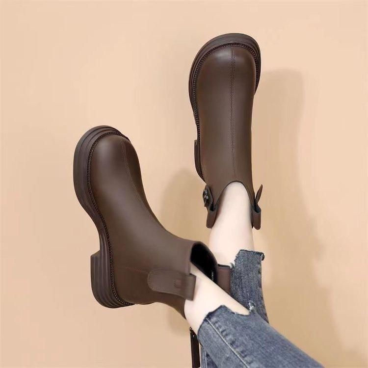 Chelsea Soft Leather Single Boots Women's Autumn 2025 Winter New British Style Velvet Warm Thick-soled Thin Martin Boots Women