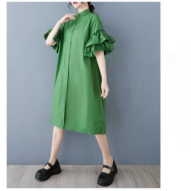 Spring and Summer Stand-up Collar Dress with Lotus Leaf Sleeves Shirt Dress