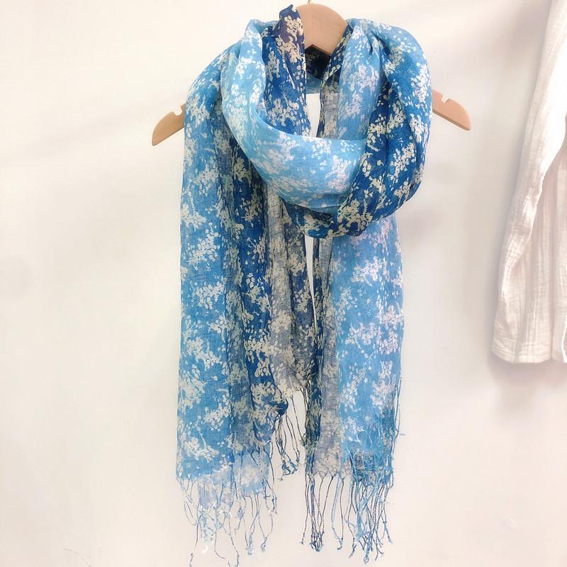 Blue Color Linen Soft Scarves Women Flower Printed Ethnic Design Scarf Summer Travelling Long Scarves