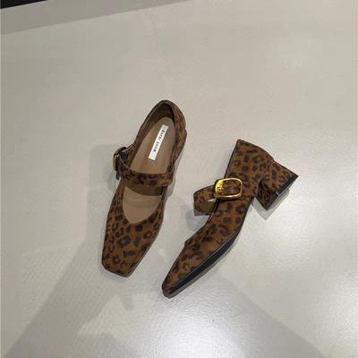 Retro Thick Heel Suede Square Head Single Shoes Women's 2025 Spring and Autumn New Velvet Leopard Print One-word Buckle with Mary Jane Shoes