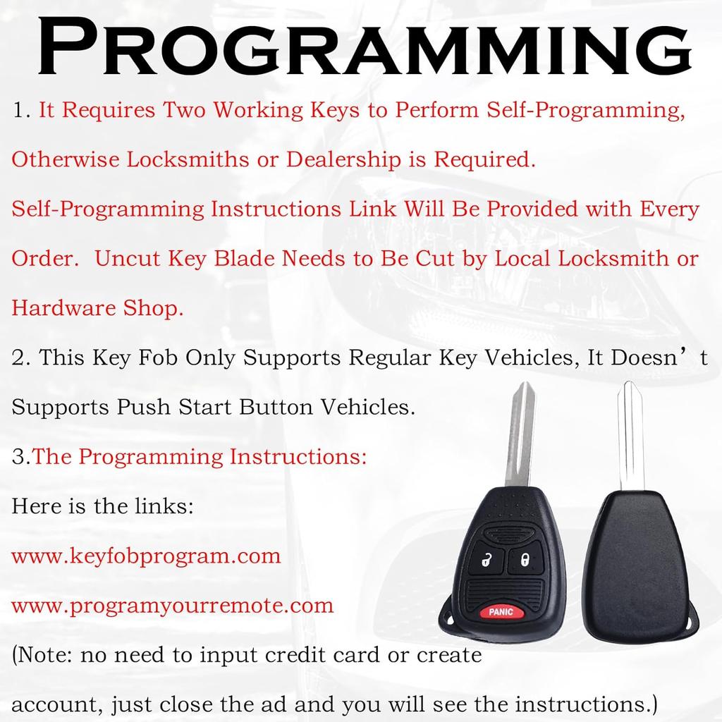 Key Fob Replacement Fits for Dodge Ram 1500 2500 3500 2006 2007 2008 Dakota Magnum Durango Nitro Charger Avenger Caliber Jeep Wrangler Patriot Grand
