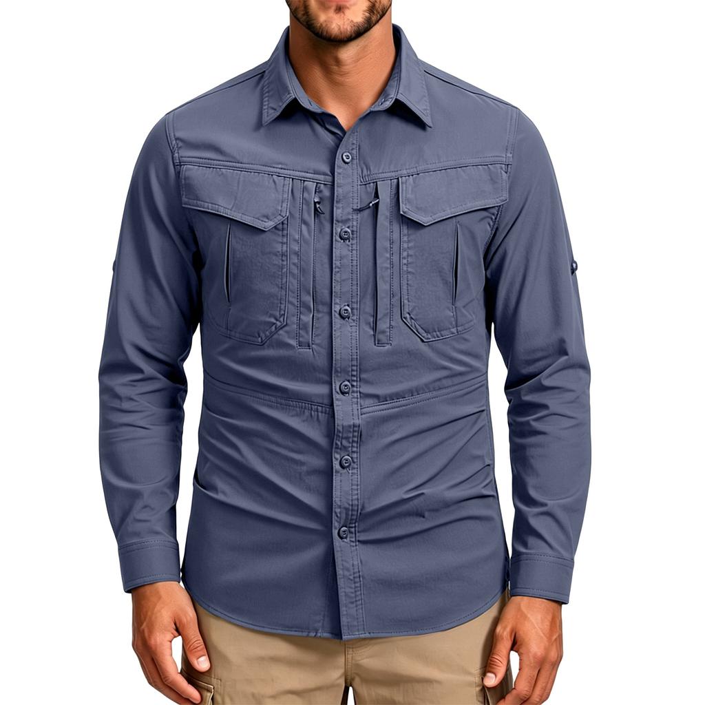 Men's Vintage Work Shirt Long Sleeve Casual Button Down Shirt Loose Fit Utility Shirt with Chest Pockets Outdoor Workwear Shirt