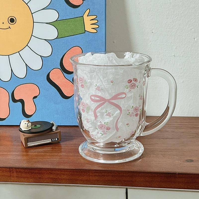 Kawaii Bowknot Glass Cups Bow Knot Rose Glass Milk Cup Fragmented Flowers Cold Extract Cup for Drinkware Coffee Breakfast Cup