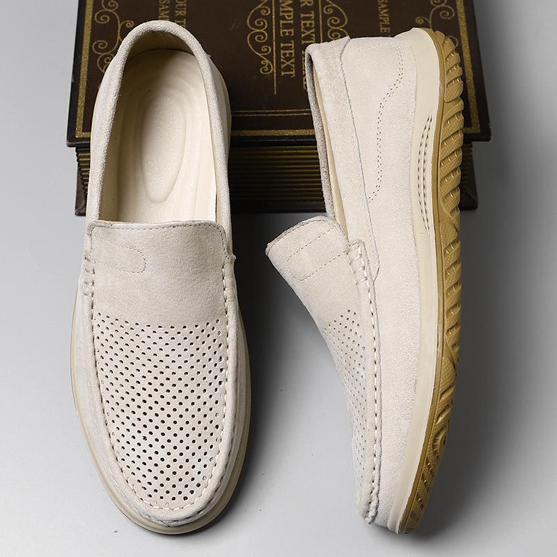 Hollow Out Summer Loafers Luxury Genuine Leather Mens Shoe Suede Male Casual Shoes Breathable Soft Driving Shoes Walking Shoes