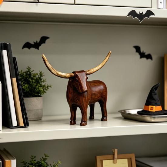 Neutral Retro Living Room Decor Vintage Longhorn Bull Sculpture, Rustic Farmhouse Animal Figurine, Western Style Pastoral Shelf Display Decorative