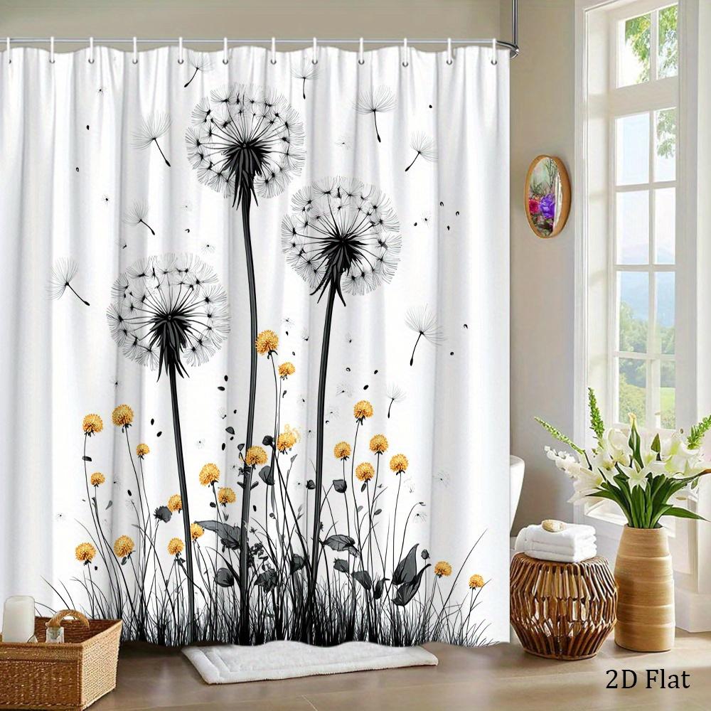 Black and White Dandelion Shower Curtain  Floating Seeds & Yellow Blooms, Elegant Nature Art Bath Curtain for Modern Home Decor