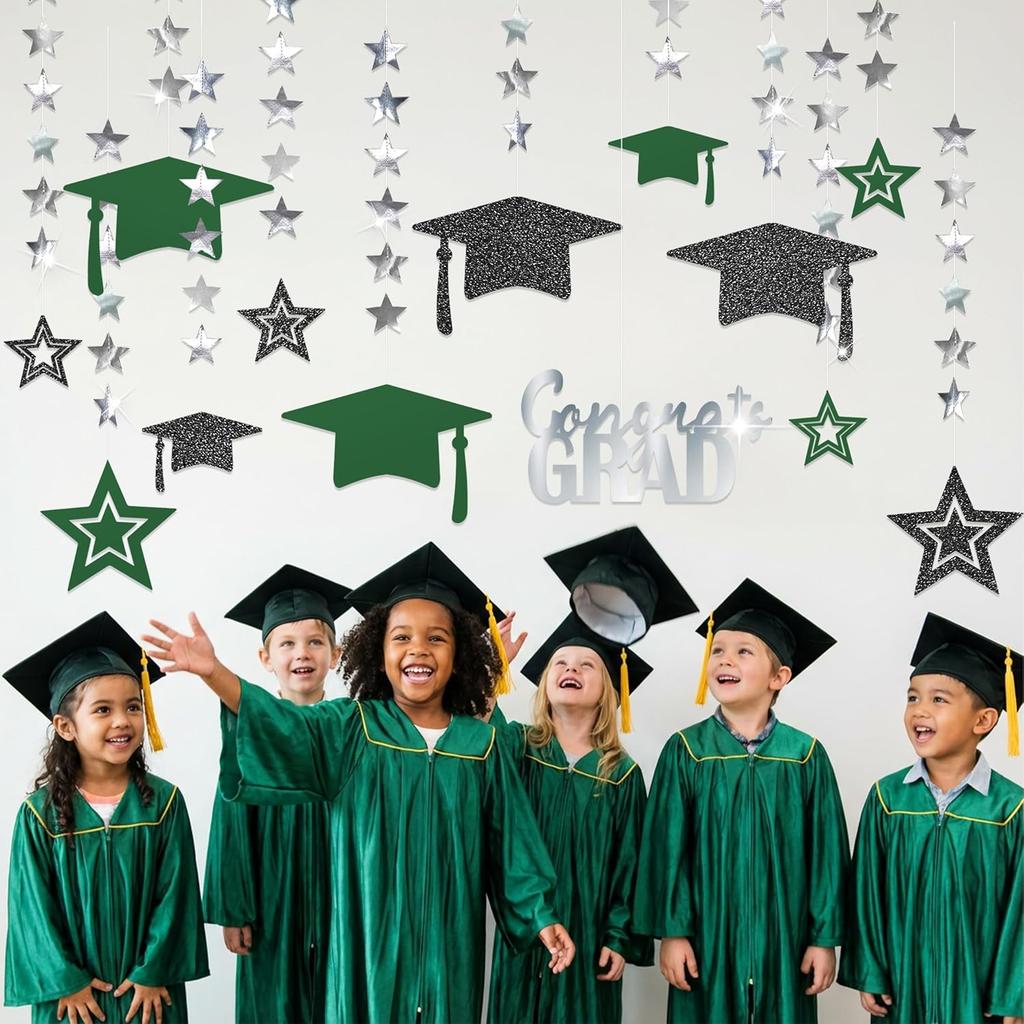Cheerland 2025 Graduation Banner Party Decorations Green Graduation Cap Garland Kit Congrats Grad Supply for Prom Backdrop Decoration Ceiling Decor