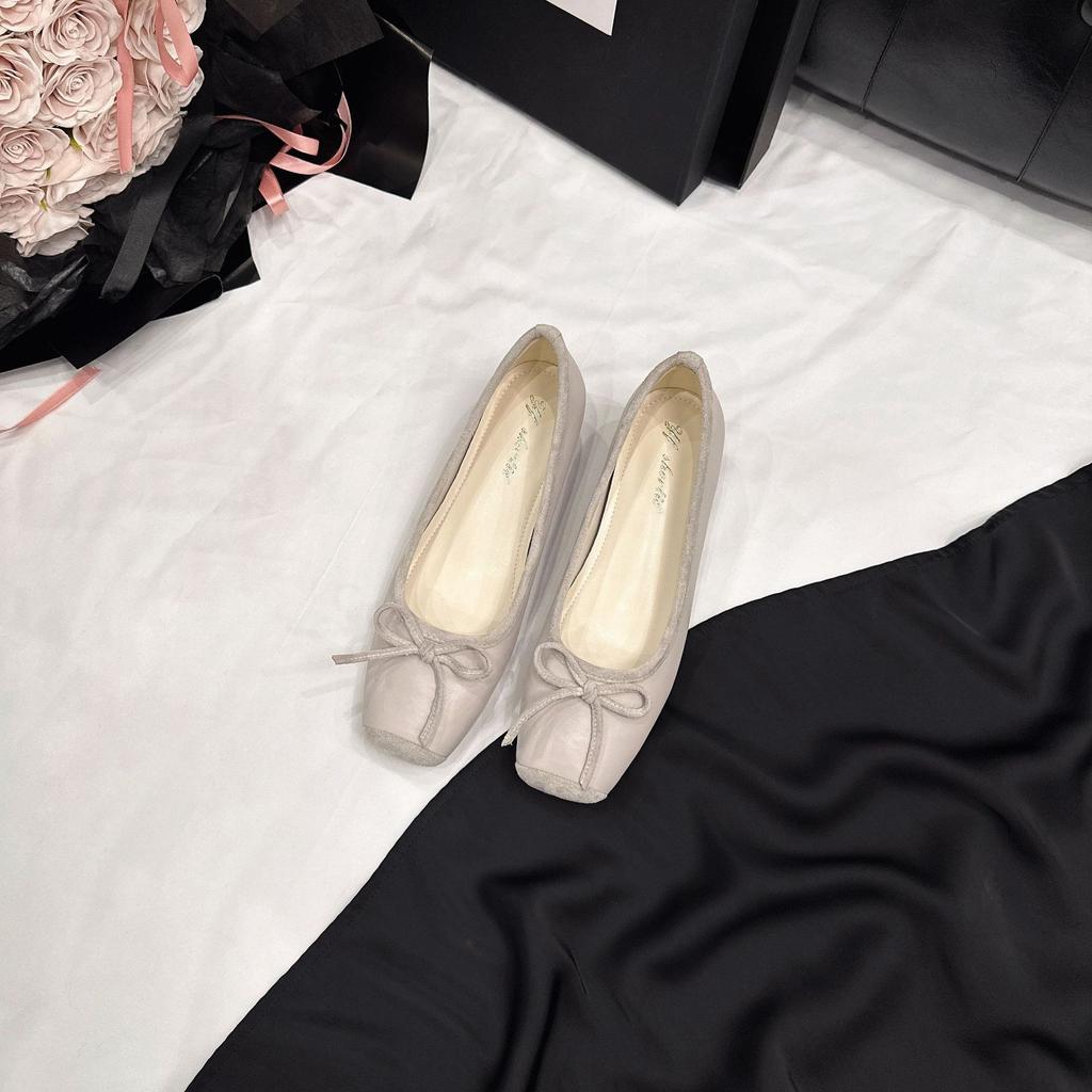 5 Cm Higher Bow Splicing Ballet Single Shoes Women's 2025 New Xiaoxiangfeng Square Head Flat Mary Jane Shoes