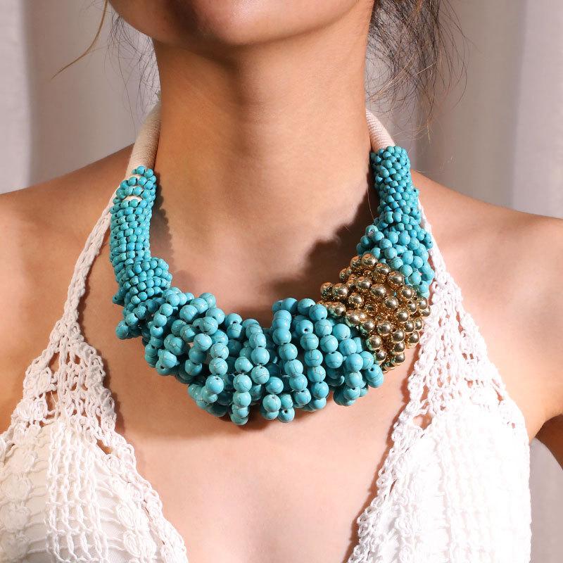 New Bohemian Turquoise Necklace Original Design Exaggerated Women's Collarbone Chain Multi-layer Bead Necklace