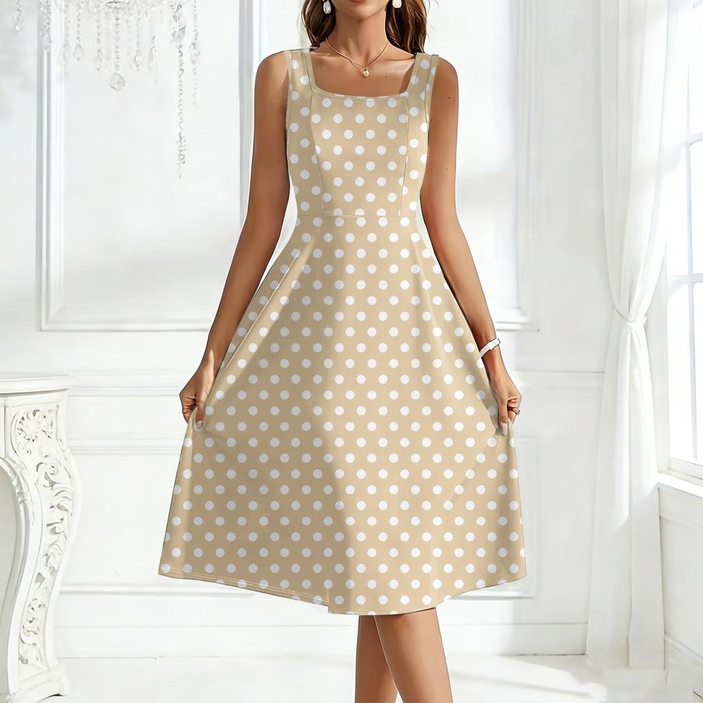 Women's Square-Neck Sleeveless Polka Dot Maxi Dress