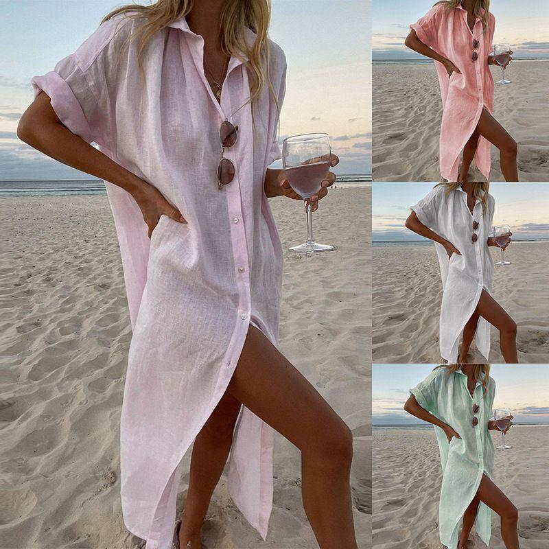 

Women s Fashion Ins Style Cotton Linen Dress Shirt Pink meat S