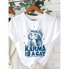 European Size Women'S Casual Graphic Print T-Shirt - Short Sleeve Crew Neck, "for Karma Is a Cat" Design with Blue Stars,