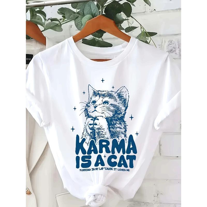 Europäische Größe Damen Freizeit Grafikdruck T-Shirt - Kurzarm Rundhals, "for Karma is a Cat" Design mit Blauen Sternen,