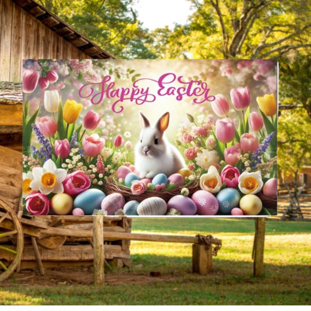 Cute Tulip Eggs Bunny Background Colorful Easter Hanging Banner Courtyard Indoor Outdoor
