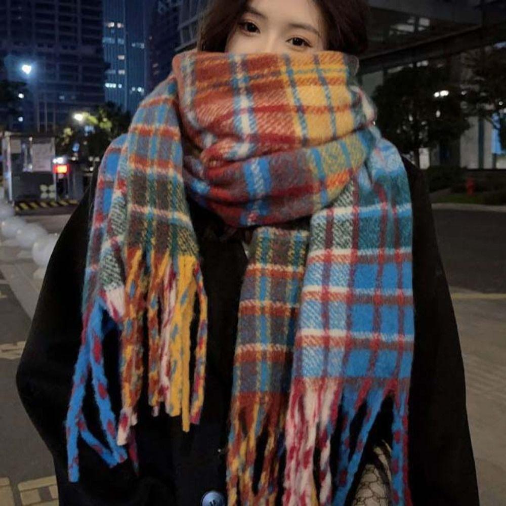 Tassel Winter Cashmere Scarves Plush Cape Wraps Elegant Plaid Wool Scarf  Girl