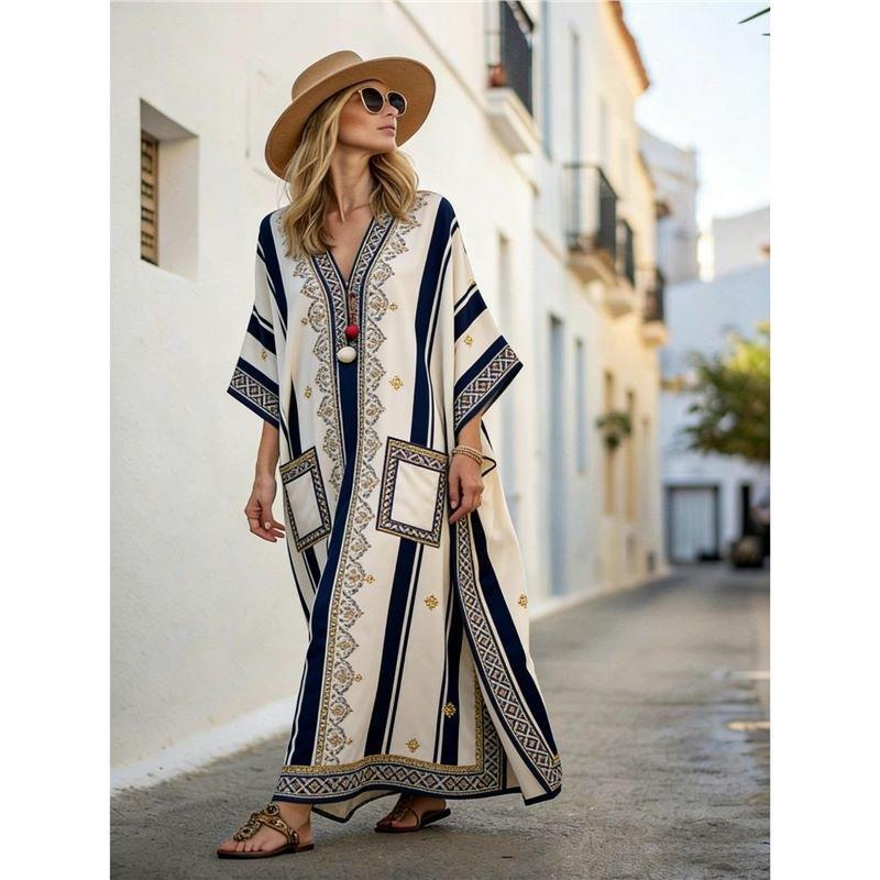 European, American Y Bohemian fashion women's clothing casual vacation D printed beach Kaftan cardigan long dress