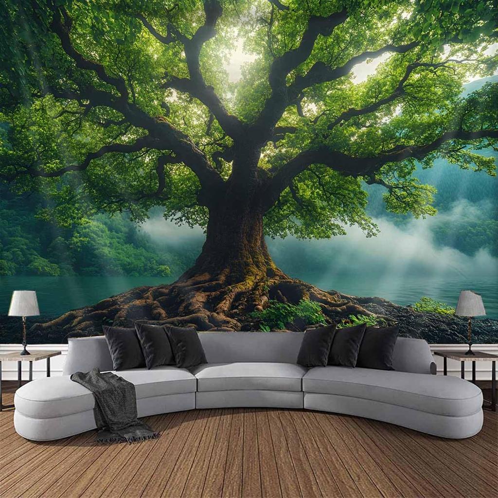 Nature Green Misty Forest Tree Tapestry Large Landscape Tree Of Life 3D Print Jungle Scenery Tapestries Wall Hanging For Bedroom