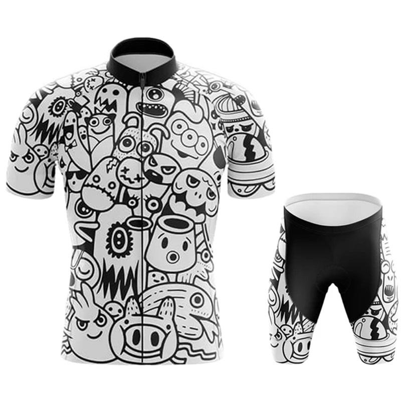 2026 Team Cycling Jersey Set Short Sleeve Cartoon Bicycle Clothing Men Black MTB Maillot Ciclismo Bike Racing Bib Shorts Set