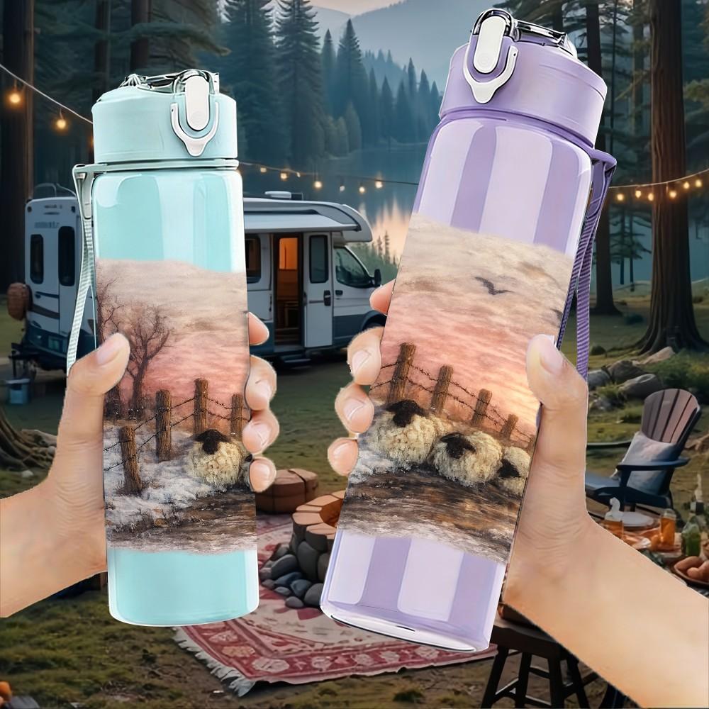 1PC Winter Tree Misty Lake Landscape Print 750ml Color Plastic Sports Water Bottle Leakproof Flip Straw Lid Suitable for Sports Office Home Use