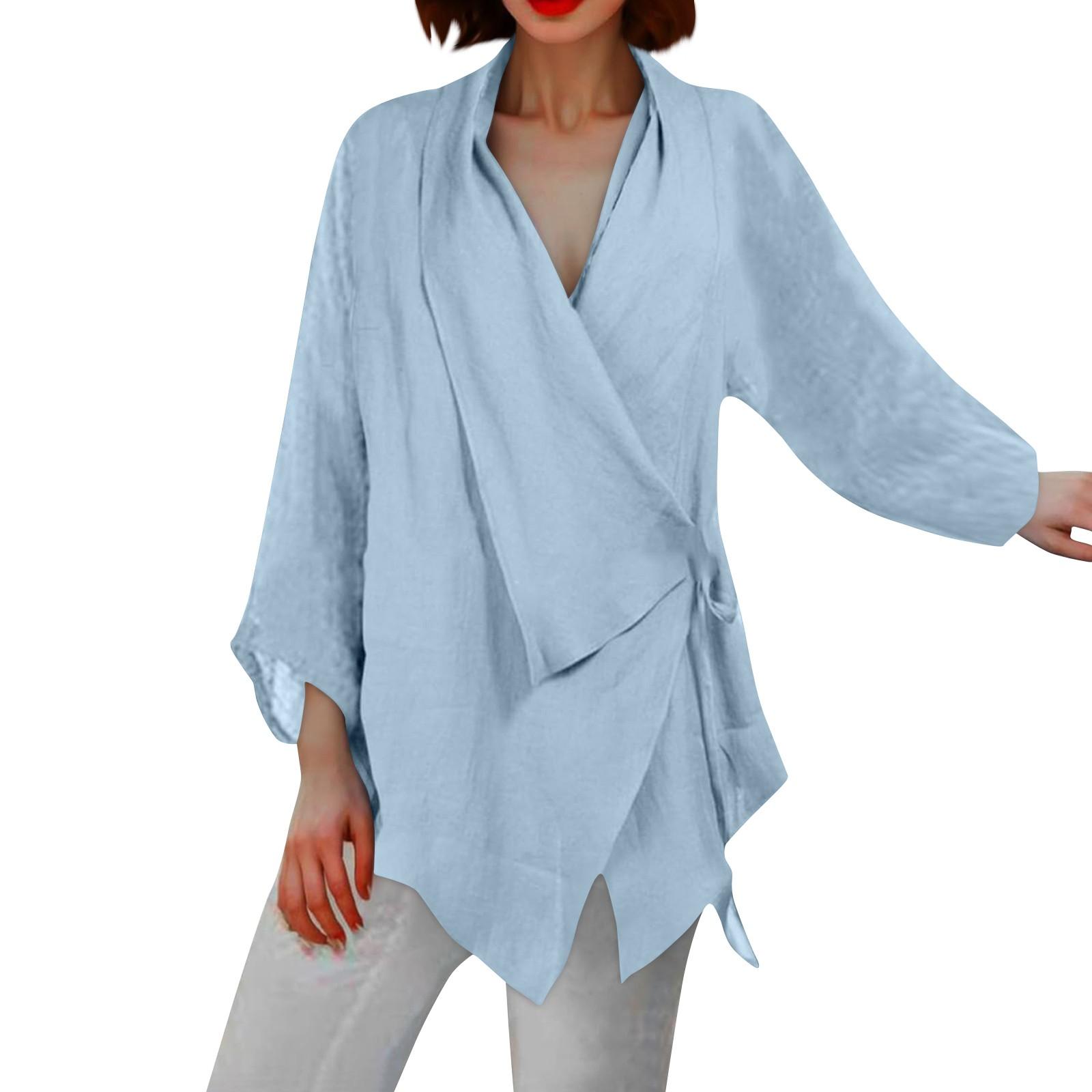 

Однотонный женский повседневный топ из хлопка и льна с обычным подолом XL синий