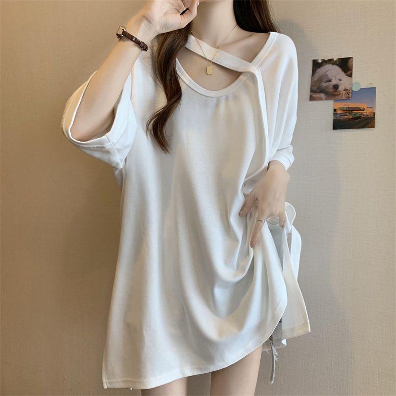 Women's Plus Size Medium-Length Short-Sleeve T-Shirt, Loose Slimming Fit with Drop Shoulder Sleeves - Summer Base Layer Top