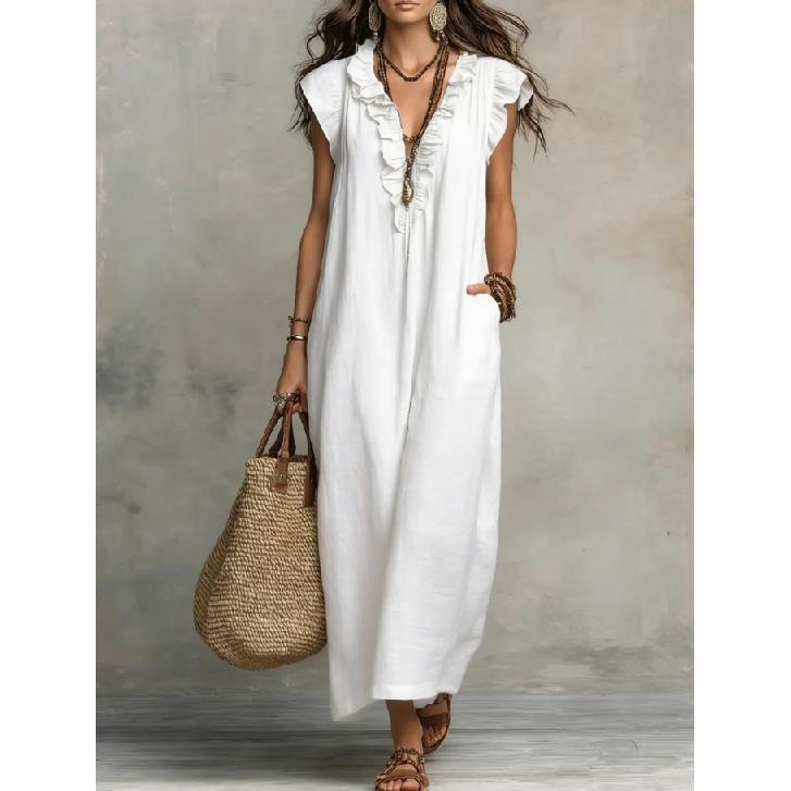 2026 Spring/Summer New Bohemian Style Long Dress for Women with Flutter Sleeves, Casual Solid Color Long Dress
