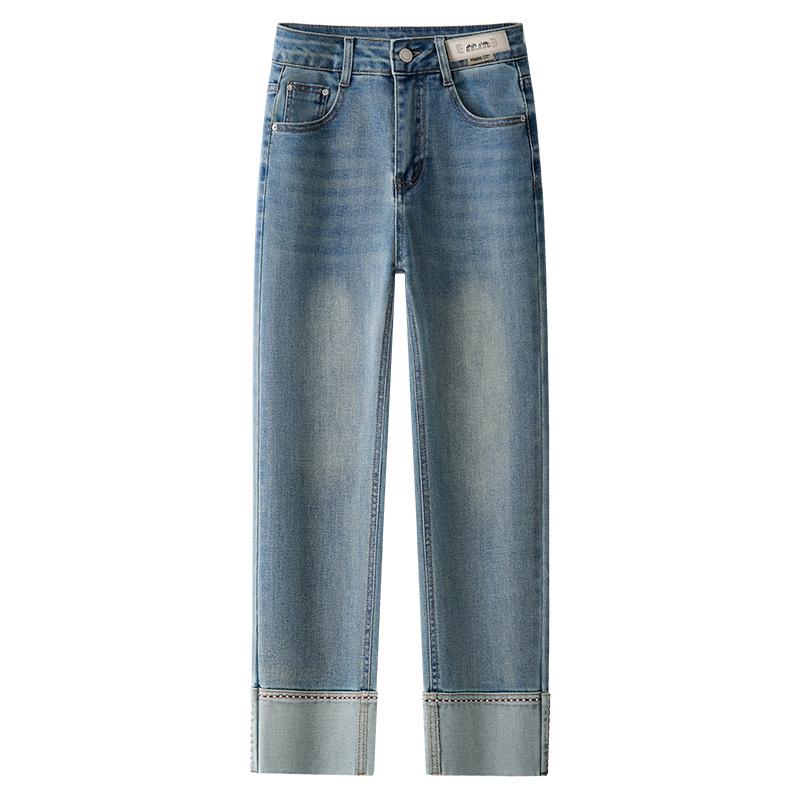 

Женские синие джинсы-гаремы с высокой посадкой и прямыми штанинами - Приталенные укороченные брюки-девятки для весны 2025 S синий