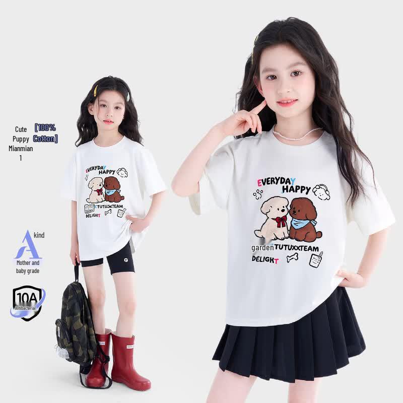 TuTu XiaoXiang Girls Pure Cotton Puppy Print Short Sleeve T-Shirt 130