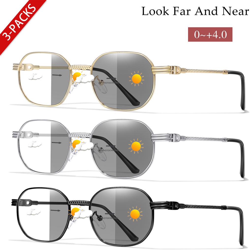 3 Pairs Anti-Blue Light Photochromic Reading Sunglasses Women Men Metal Round Trendy Classic Style Protection Unisex Eyewear