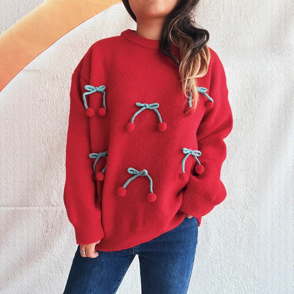Women's Solid Color Knitted Pullover Sweater With Round Neck Splicing And Three-dimensional  Sweater