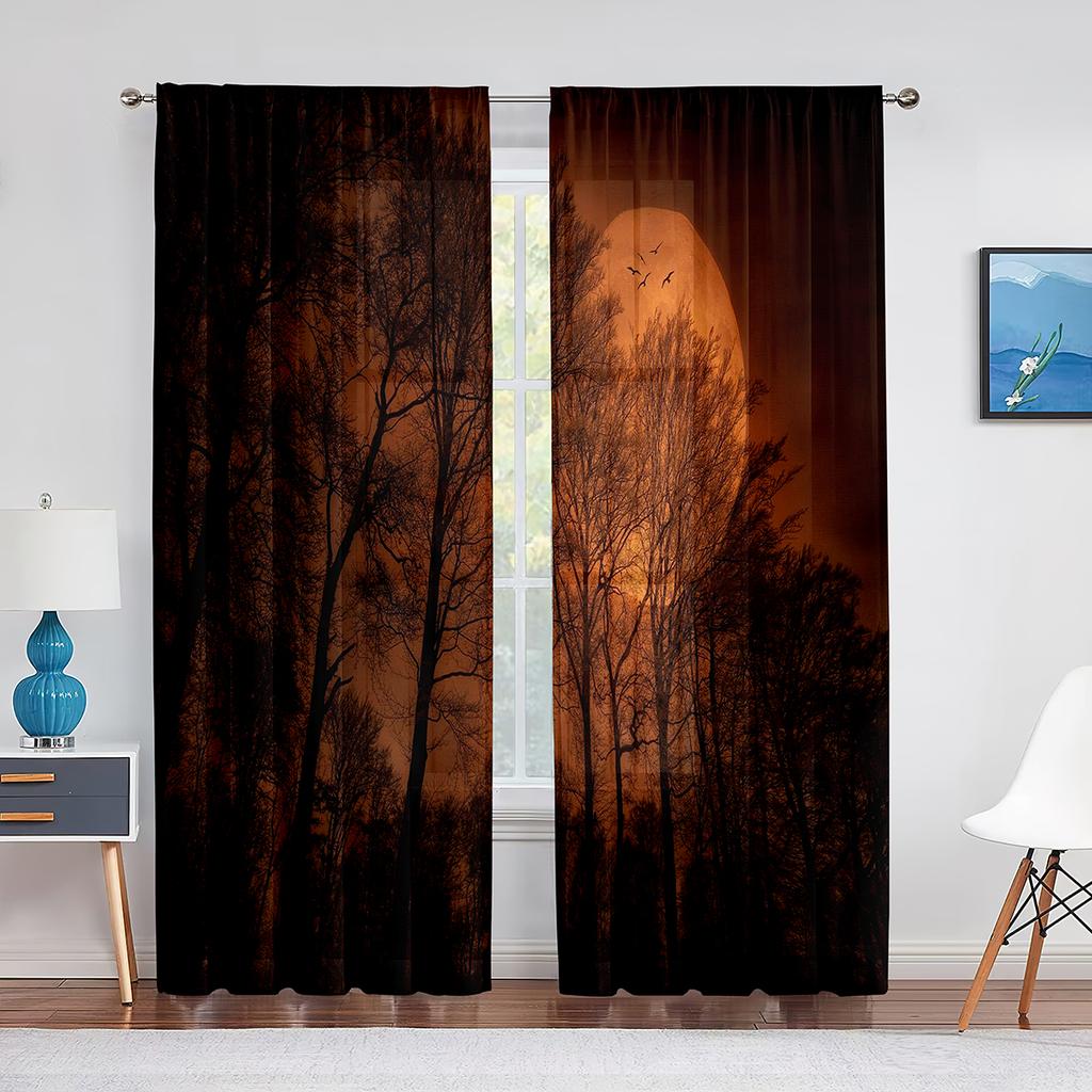 Full Moon Fantasy Starry Sky Night Scene Tulle Curtains for Living Room Bedroom Kitchen Decor Sheer Voile Curtain Organza Drapes
