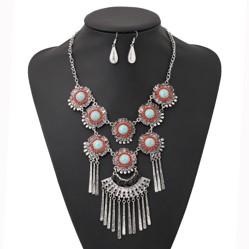 Ethnic Style Simulation Gemstone Decor Women Round Flower Necklace With Tassel For Boho Style Jewelry