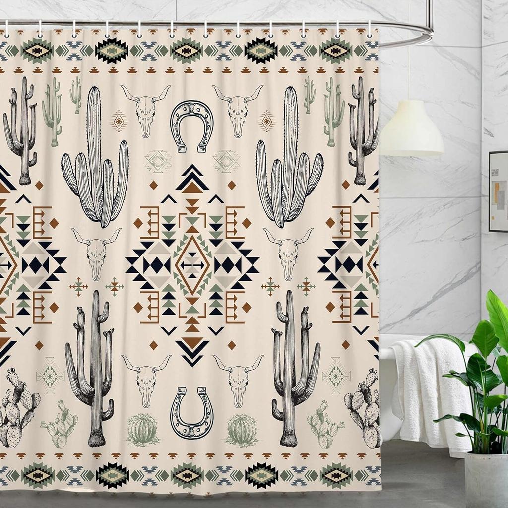 Western Shower Curtain,Abstract Aztec Geometric Southwestern Cactu Skull Bull Bath Accessories Decor, Navajo Native Shower