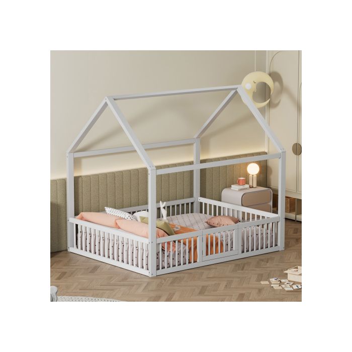 140*200cm Massivholzbett, Doppelbett, Flachbett, Hausbett, Hausbett mit Tür, weiß