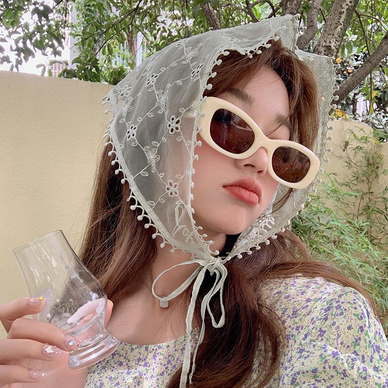 Korean version of idyllic fashion Spice Girl crochet triangle scarf headscarf women's bag head spring and summer headband lace French square scarf