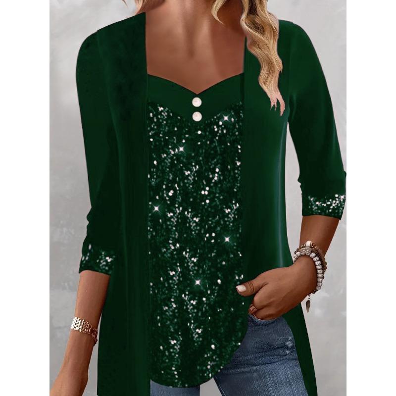 

Осінньо-зимові футболки на ґудзиках з паєтками, жіночий Т-топ з довгим рукавом S зелений