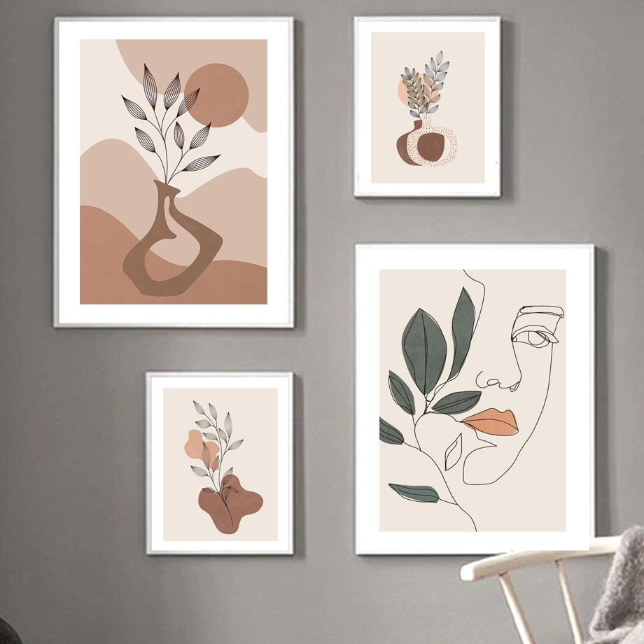 Boho Abstract Lines Girl Leaf Geometry Wall Art Canvas Painting Nordic Minimalist Posters Prints Pictures For Living Room Decor