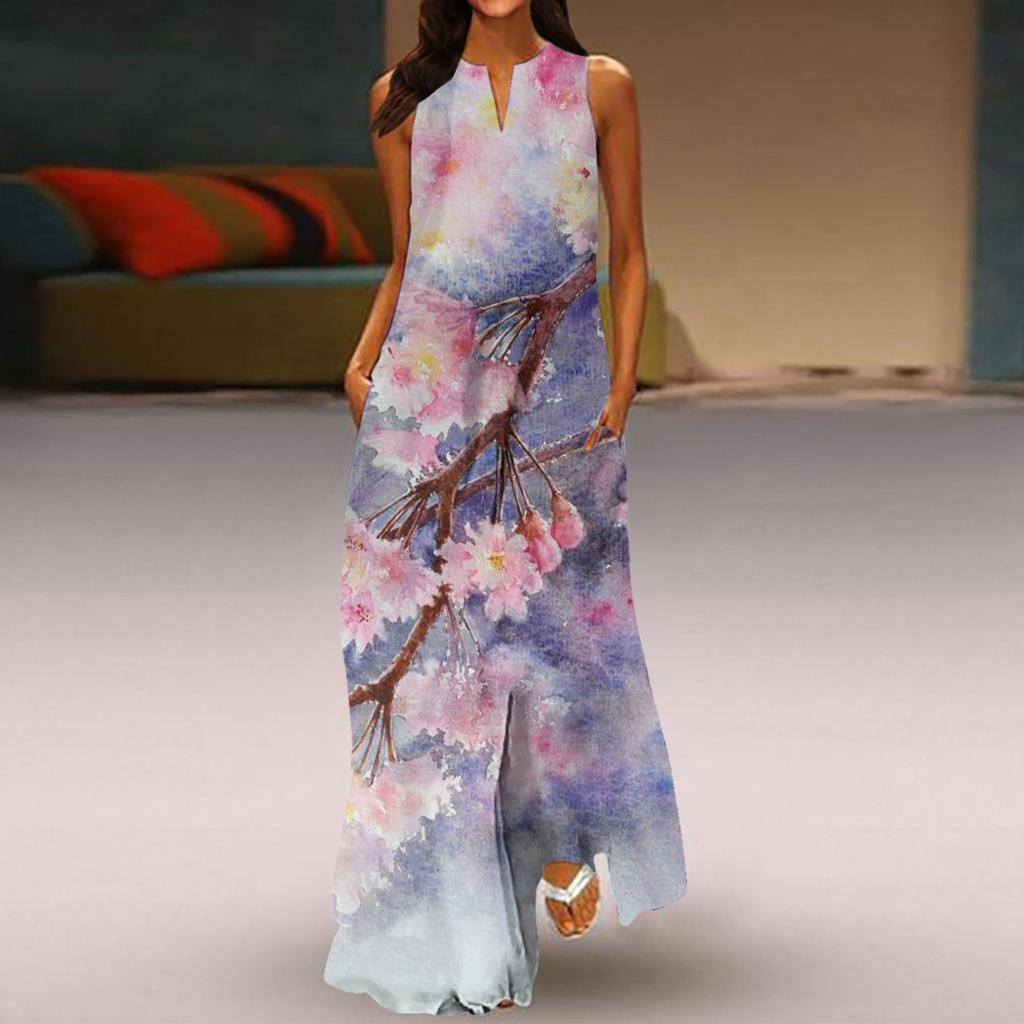 Kadın Yeni Bahar Ve Yaz Modası Klasik V Yaka Renkli Baskı Kolsuz Uzun Elbise