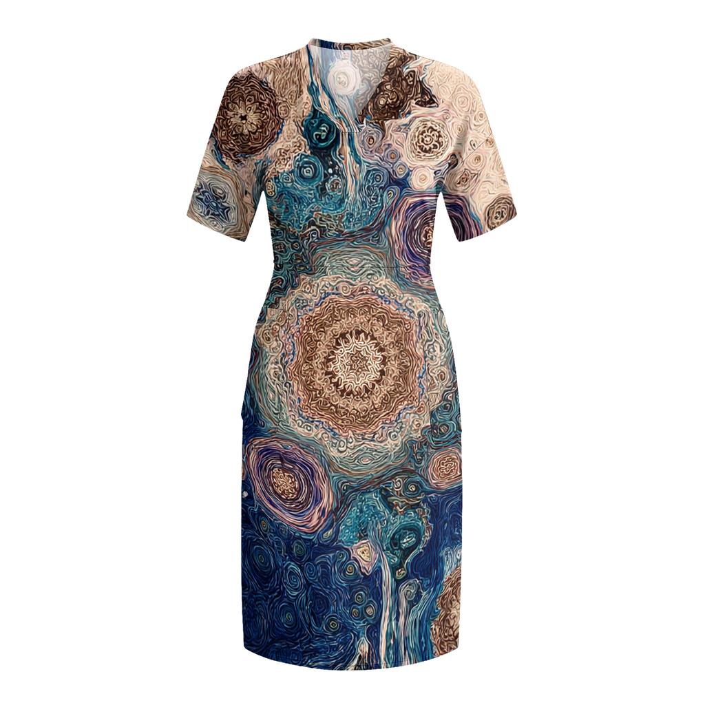 Letní nadměrné velikosti V výstřih krátký rukáv ke kolenům kapsa potisk ležérní šaty pro ženy