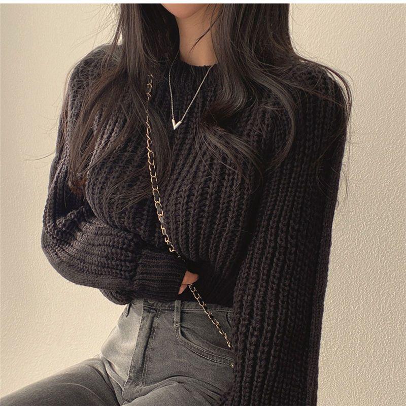Korean Style Round Neck Petite Knit Sweater for Women - Waist-Cinching, Versatile Pullover