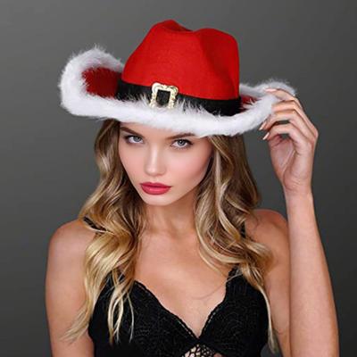 Cowboy Hat Christmas Themed White Furry Trim Soft Felt Material Jazz Top Hat Adjustable Red Tie Party Hat