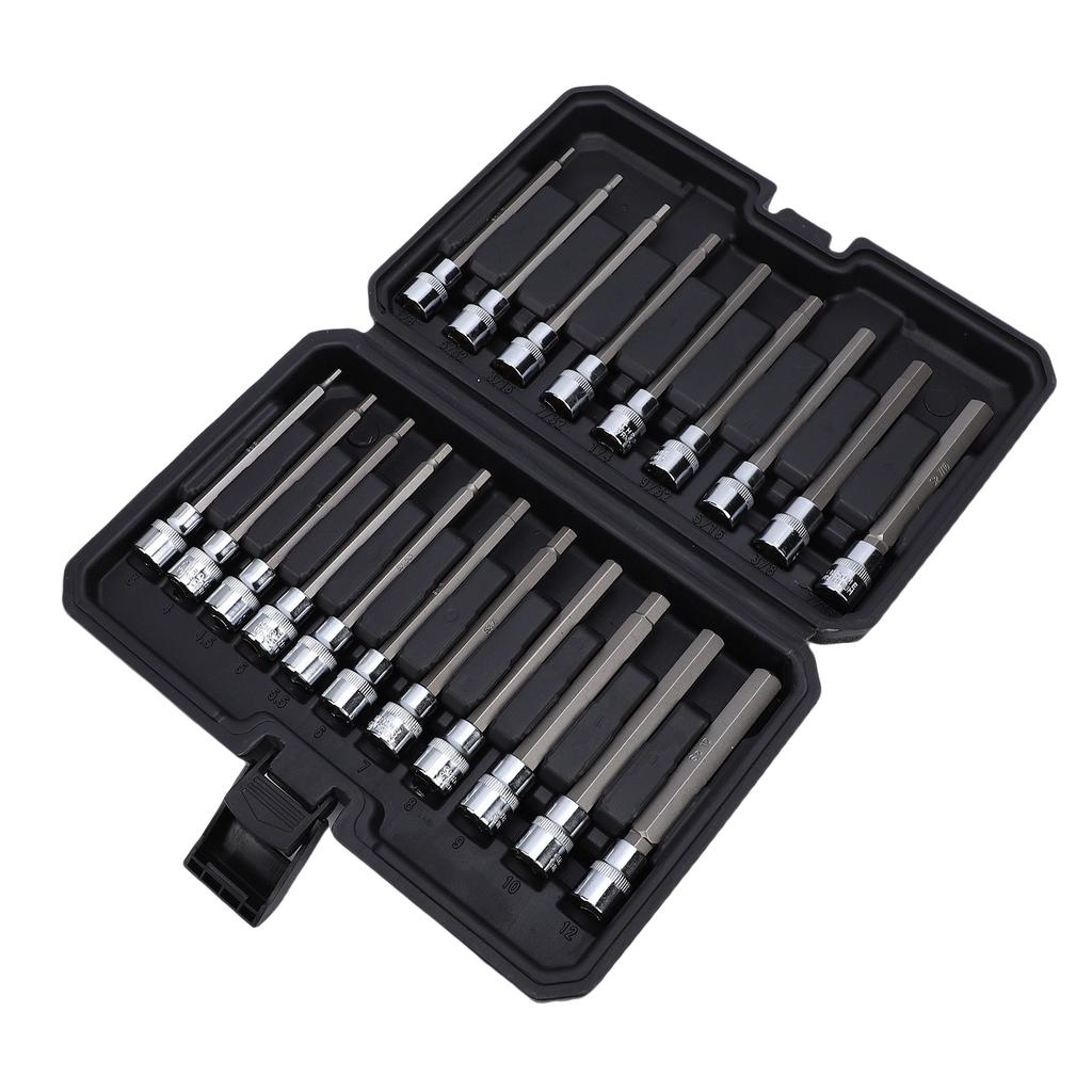 20 Piece 3 8 Inch Drive Extra Long Hex Bit Socket Set Metric 3 12mm SAE 1 8 7 16 Inch Hex Socket Set for Machinery