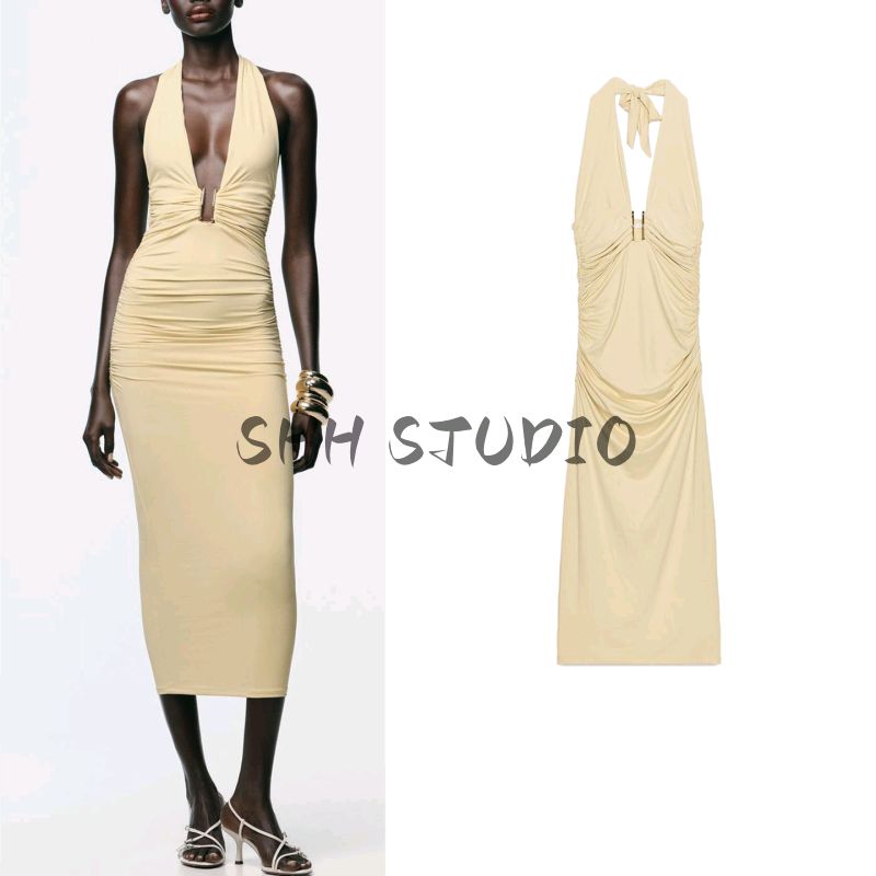 Summer Women's Clothing Bows Lace Pleated Decorative Nylon Hanging Collar Sleeveless Elegant Dress 1026148