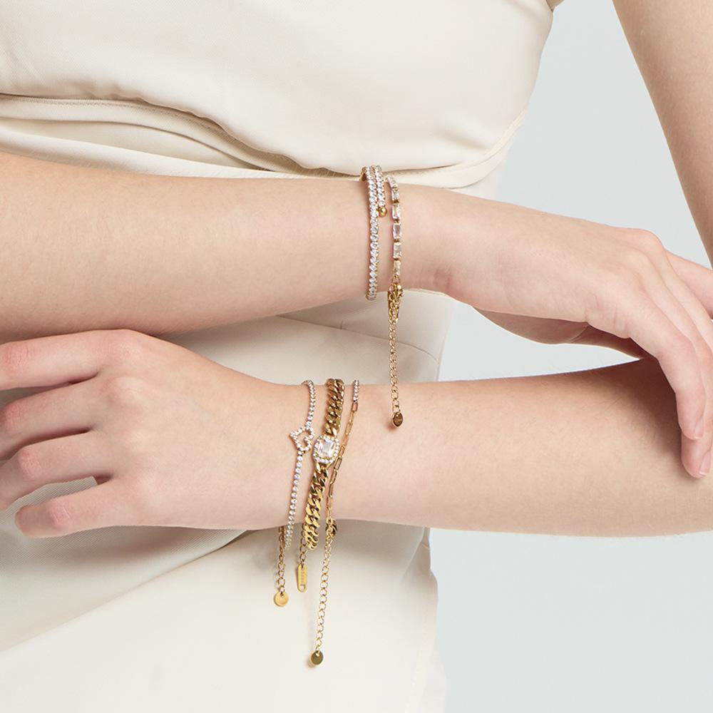 ins light luxury fashion full of zircon double-layer open bracelet plated with 18k gold stainless steel tennis chain bracelet women's jewelry