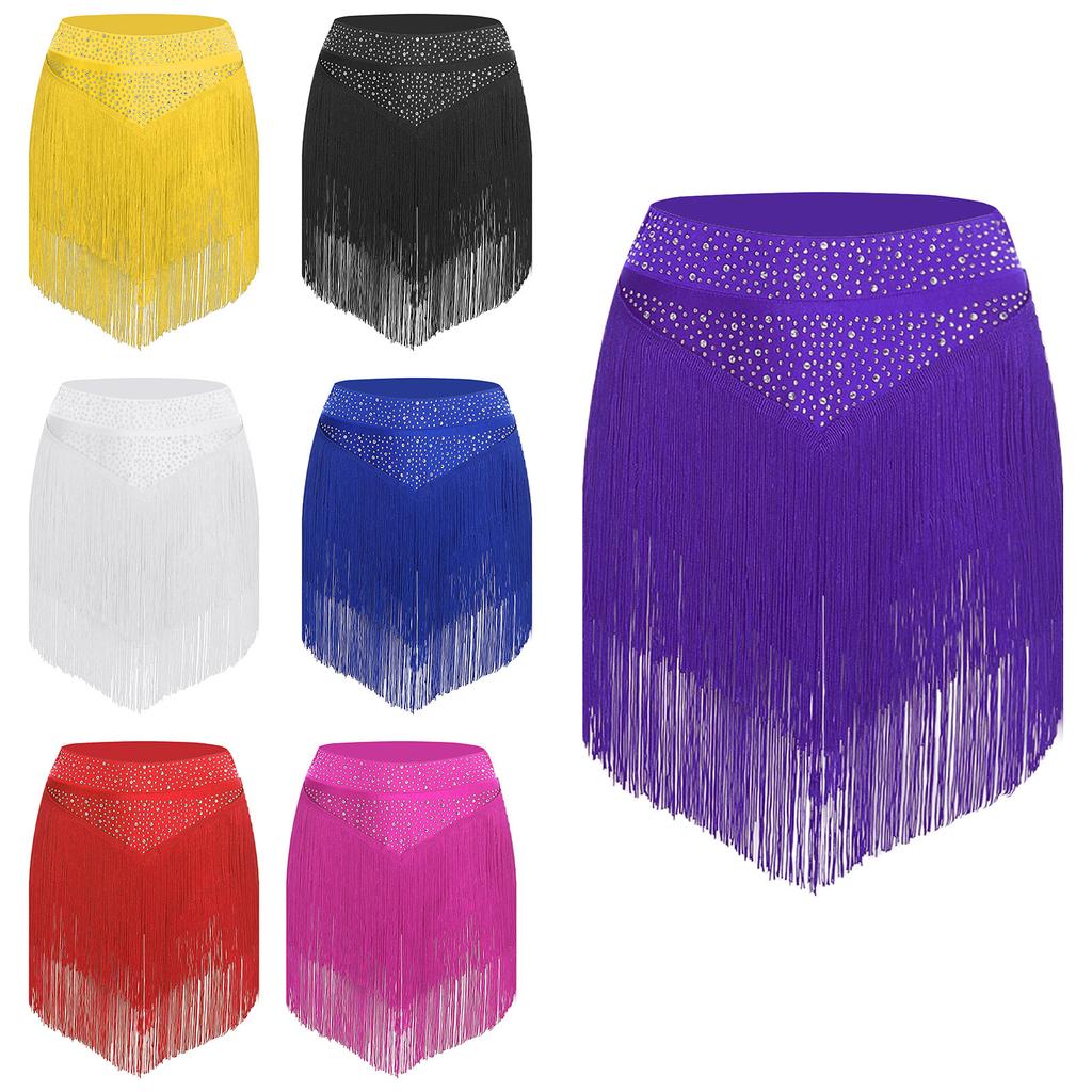 Womens Salsa Dance Costume Elastic Waist Tiered Tassel Skirt Latin Performance Competition Outfit Party Wear