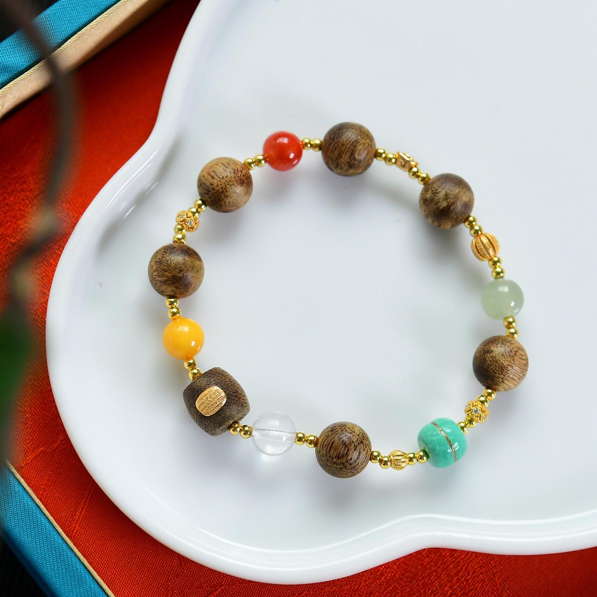 Chinese Agarwood & Jade Hand String with Agate & 925 Silver 10mm